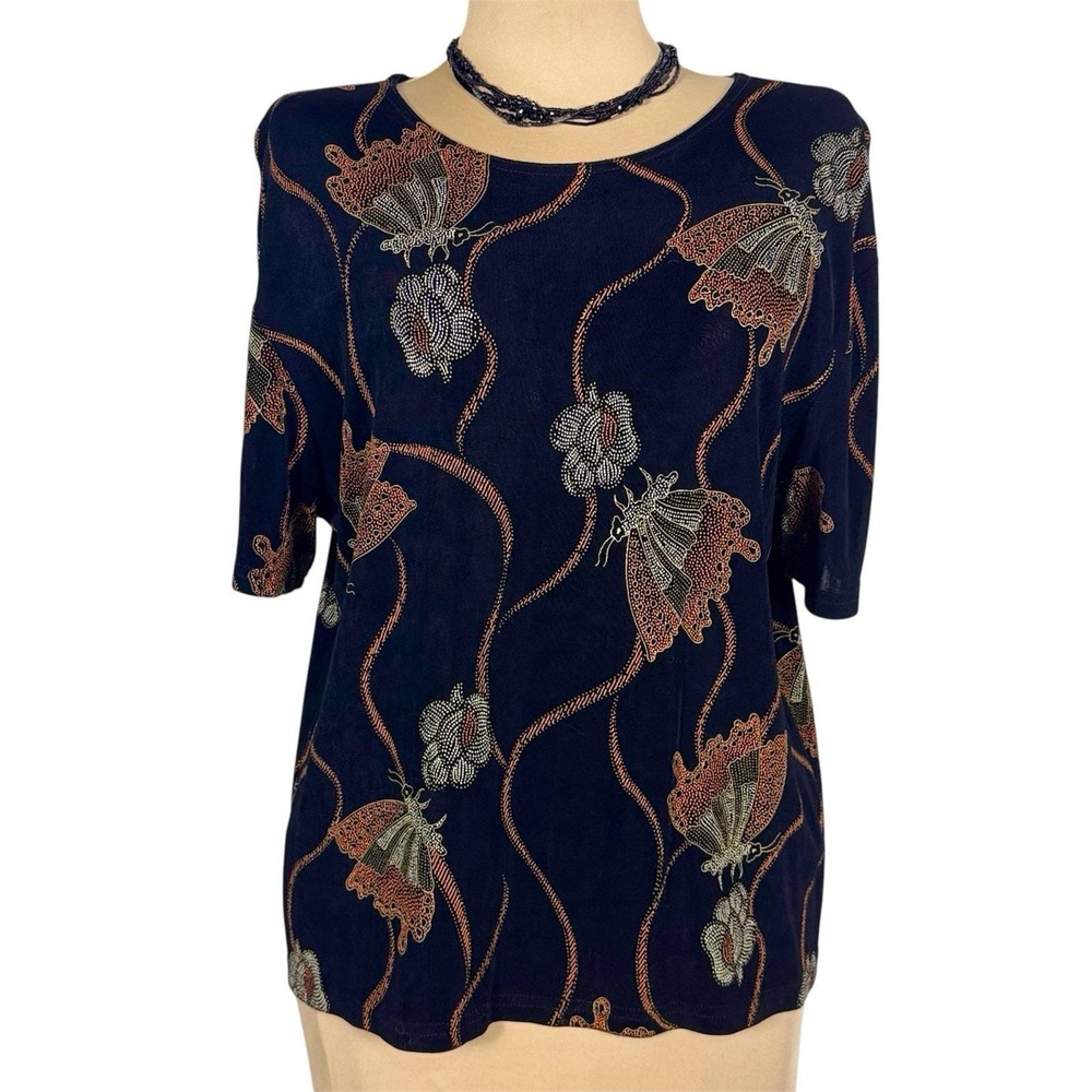 VTG M.J.‎ Carroll Butterfly Pointillist Art Top Made in USA 1X Slinky Stretch